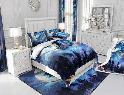 Dragon Comforter Set King Size,Blue Western Magical Animals Bedding Set,Kids Boys Girls Room Decor Moon Starry Sky Volcano Lightning Quilt Set Trippy Style Wildlife Theme Duvet Insert,2 Pillowcases