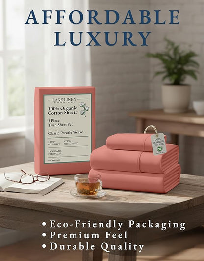 LANE LINEN 100% Organic Cotton Twin XL Sheets Set, 3-Piece Pure Organic Cotton Percale Sheets, Cotton Bedsheets, Ultra Soft Bedding Sheets, Breathable, Fits Mattress Upto 15" Deep - Rose Dawn