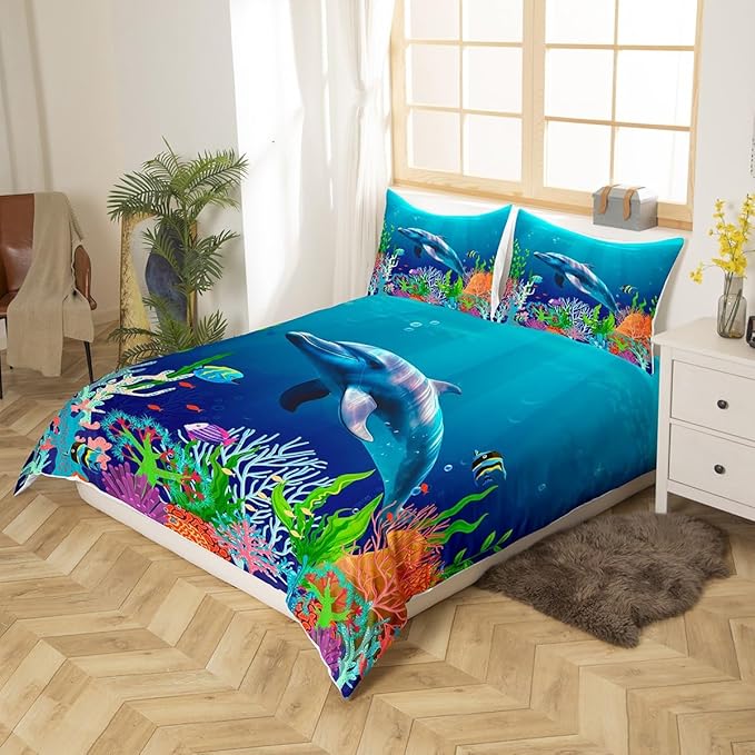 Cute Dolphin Kids Bedding Set Ocean Fish Coral Duvet Cover Set Cartoon Undersea Boys Girls Comforter Cover Set Blue Underwater Bedspread Cover Bedroom Quilt Cover King with 2 Pillowcase,No Comforter