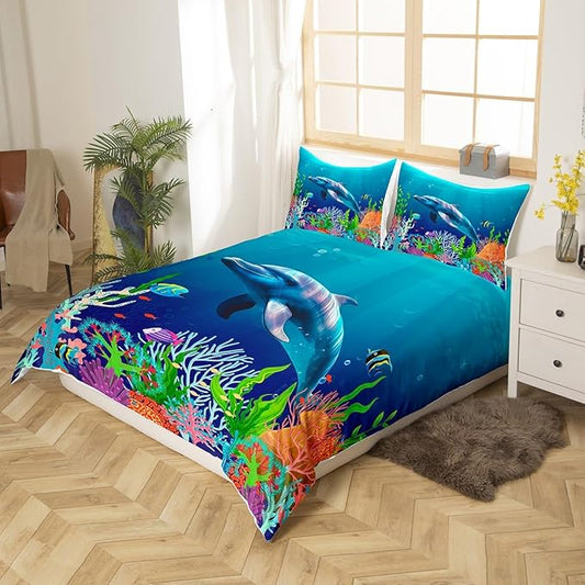 Cute Dolphin Kids Bedding Set Ocean Fish Coral Duvet Cover Set Cartoon Undersea Boys Girls Comforter Cover Set Blue Underwater Bedspread Cover Bedroom Quilt Cover King with 2 Pillowcase,No Comforter