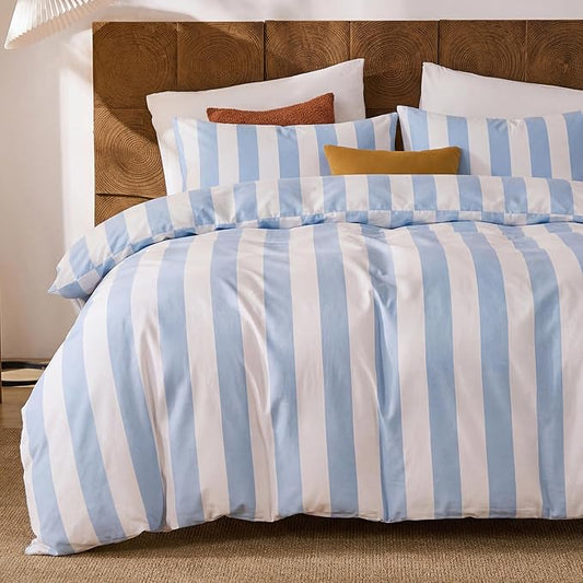 Merryword Blue and White Striped Duvet Cover Set King Size, 100% Cotton Bedding Set with Zipper Closure & 8 Corner Ties, Luxury Linen Like Bedding, Soft Breathable Comforter Cover for All Seasons