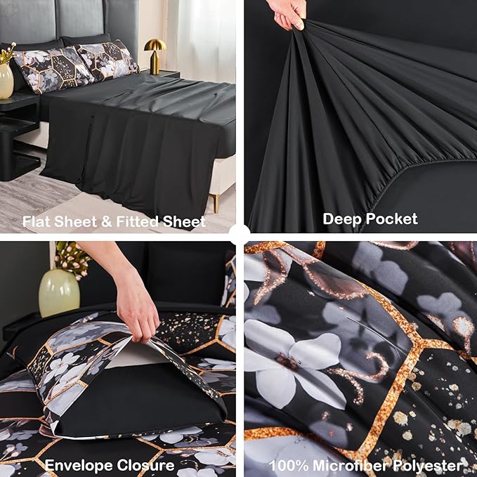 ANGIYUIN Black Gold Full Comforter Sets Floral Print Bedding Sets 7 Pieces Marble Bed in A Bag with Sheets White Flowers Bedding Comforter Sets for Women Men