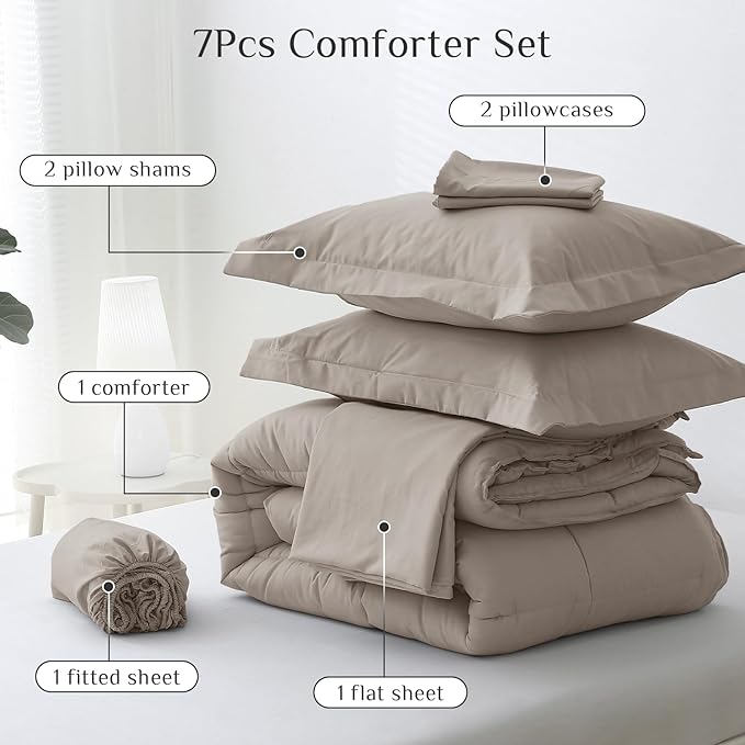 JOLLYVOGUE California King Comforter Set, Ultra-Soft Bed in a Bag Cal King Size 7 Pieces, Oeko-TEX Certified Bedding Set with Down Alternative Comforter, Sheets, Pillowcases & Shams, Khaki