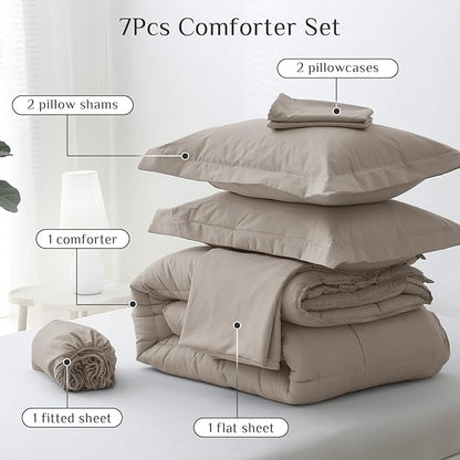 JOLLYVOGUE Queen Comforter Set, Ultra-Soft Bed in a Bag Queen Size 7 Pieces, Oeko-TEX Certified Bedding Set with Down Alternative Comforter, Sheets, Pillowcases & Shams, Khaki