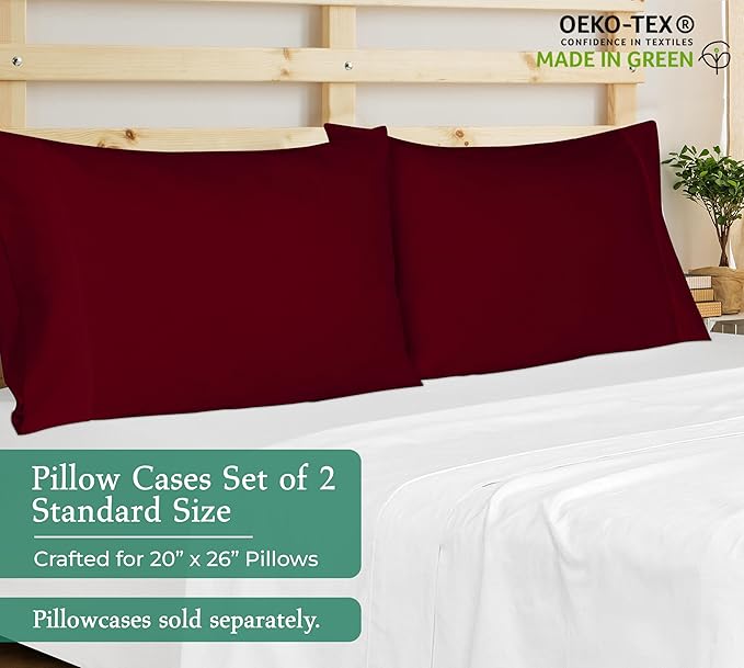 Royale Linens Standard Pillowcase Set of 2 - Bed Pillow Cover - 20"x26" - Red Pillowcases - 1800 Brushed Microfiber, Wrinkle & Fade Resistant - Soft & Cozy- Standard Size Pillow Case (STD,Burgundy)