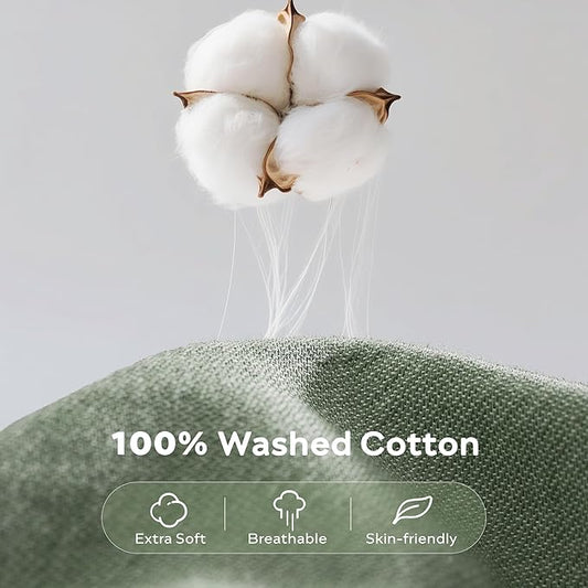 JELLYMONI Cotton Duvet Cover Queen Size - Sage Green Comforter Cover with Button 100% Washed Cotton 3PCS Breathable Soft Solid Bedding Set Duvet Cover 90×90in & 2 Pillowcases (NO Comforter)