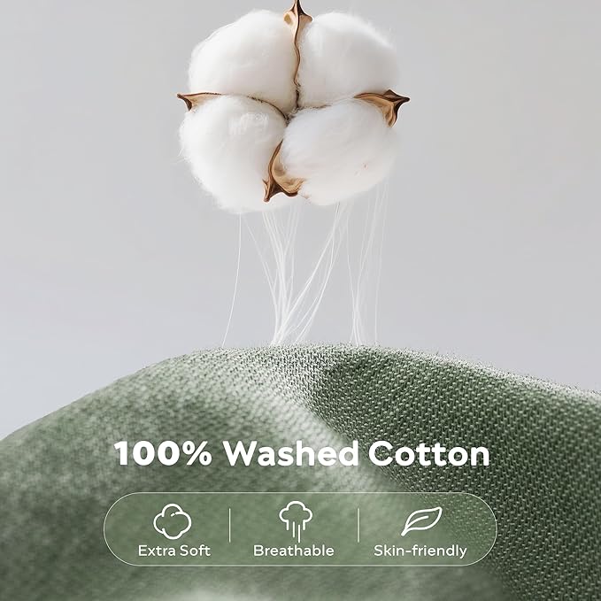 JELLYMONI Cotton Duvet Cover Full Size - Sage Green Comforter Cover with Button 100% Washed Cotton 3PCS Breathable Soft Solid Bedding Set Duvet Cover 80×90in & 2 Pillowcases (NO Comforter)