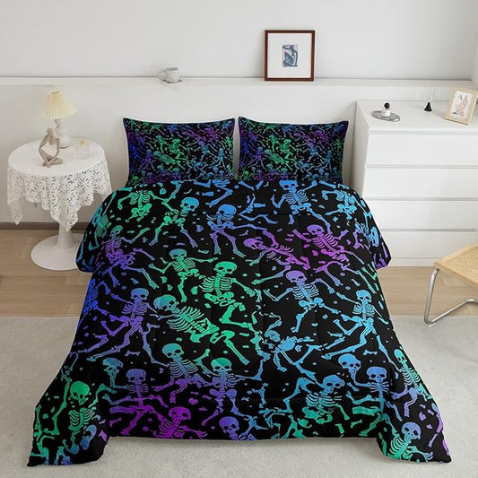 Erosebridal Sugar Skull Comforter Set Halloween Bedding Set King Size Green Blue Purple Ombre Down Comforter for Kids Boys Girls Skeleton Bones Quilted Duvet Warm Soft Horror Theme Bedroom Decor 3Pcs