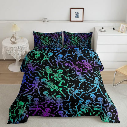 Sugar Skull Comforter Set Halloween Bedding Set Queen Size Green Blue Purple Ombre Down Comforter For Kids Boys Girls Skeleton Bones Quilted Duvet Warm Soft Horror Theme Bedroom Decor 3Pcs