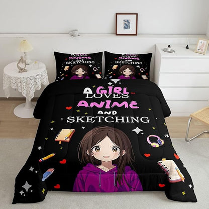 Erosebridal Japanese Girl Bedding Set Anime Cartoon Down Comforter Japanese Style Girly Black Queen Comforter Set Aesthetic Cool Anime Modern Art Quilt Set for Kids Bedroom Decor
