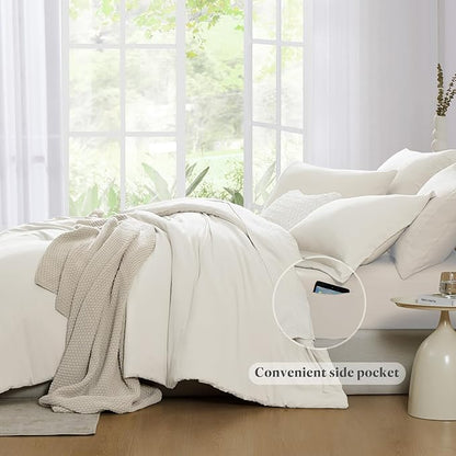 WRENSONGE Queen Comforter Set - 7 Pieces White Soft Bed in a Bag Queen with Fitted Sheet, Flat Sheet, 2 Pillow Shams, and 2 Pillowcases- Warm Bedding Sets for All Season