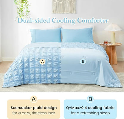 Cozy Bliss Cooling Comforter Seersucker Plaid Queen Size, Q-Max 0.45 Lightweight Cooling Blanket, Breathable Silk Smooth Summer Bedding Quilt for Hot Sleepers Night Sweats Blue