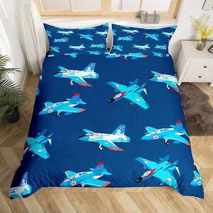 Castle Fairy Kids Aircraft Bedding Set Cartoon Transportation Vehicles Duvet Cover Set Boys Airplane Comforter Cover Navy Blue Bedspread Cover Bedroom Quilt Cover Twin with 1 Pillowcase,No Comforter