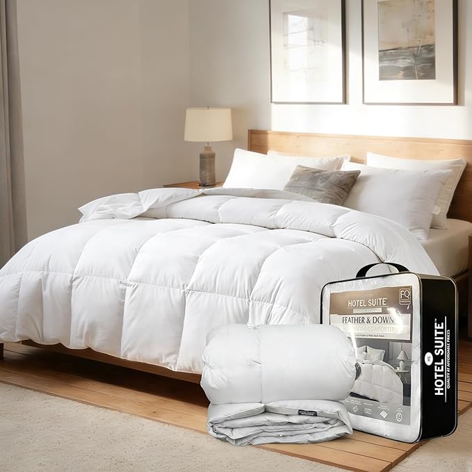 Hotel Suite Feather Down Comforter, Natural Fluffy Duvet Insert, Luxurious Hotel Collection Quilts, All Season Bedding Comforter, 100% Cotton Cover（Twin Size, 68 x 88 Inch, White）