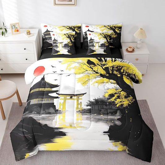 Erosebridal Japanese King Bed in A Bag with Sheets Sun Cherry Blossom Comforter Set 7 Piece Black Gold Pavilions Mountain Floral Bedding Set for Kids Adults Chinese Ink Anime Sheet Set