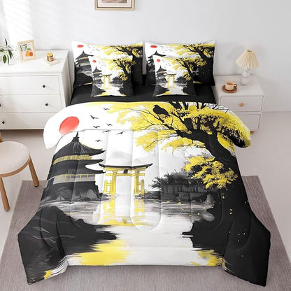 Erosebridal Japanese Full Bed in A Bag with Sheets Sun Cherry Blossom Comforter Set 7 Piece Black Gold Pavilions Mountain Floral Bedding Set for Kids Adults Chinese Ink Anime Sheet Set