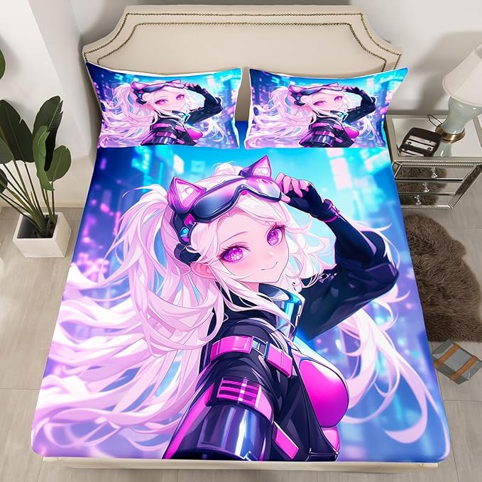Erosebridal Girls Japanese Anime Fitted Sheet Full, Kawaii Anime Girl Bed Sheets Cartoon Girl Bedding Set for Kids Teens Adult Women, Japanese Animation Sci Fi Style Sheets,Blue Purple