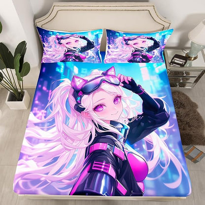 Erosebridal Girls Japanese Anime Fitted Sheet Full, Kawaii Anime Girl Bed Sheets Cartoon Girl Bedding Set for Kids Teens Adult Women, Japanese Animation Sci Fi Style Sheets,Blue Purple