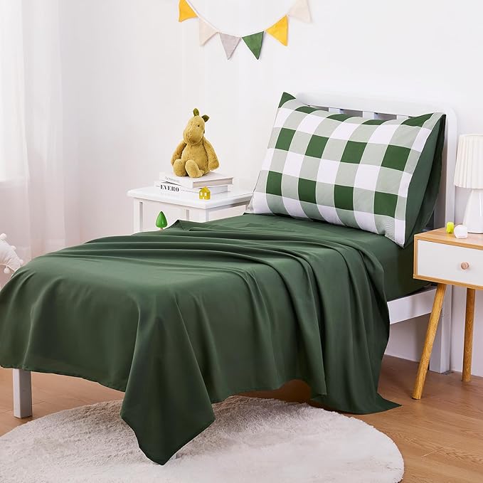 Wake In Cloud - Gingham Toddler Bedding Set for Girls Boys, Cute Plaid Buffalo Check, 4 Pieces Soft Crib Bed Set Including Comforter, Sheets and Pillowcase, Olive Green