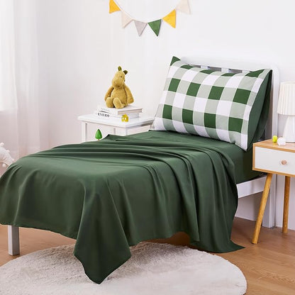 Wake In Cloud - Gingham Toddler Bedding Set for Girls Boys, Cute Plaid Buffalo Check, 4 Pieces Soft Crib Bed Set Including Comforter, Sheets and Pillowcase, Olive Green