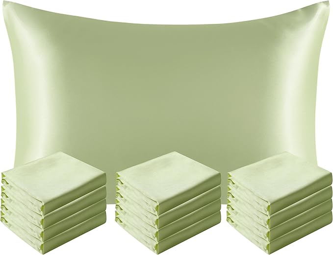 NTBAY 12 Pack Satin Standard Pillowcases for Hair and Skin, Luxurious and Silky Pillow Cases with Envelope Closure, 20 x 26 Inches, Sage Green