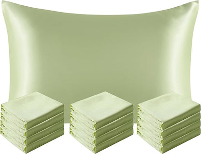 NTBAY 12 Pack Satin Standard Pillowcases for Hair and Skin, Luxurious and Silky Pillow Cases with Envelope Closure, 20 x 26 Inches, Sage Green