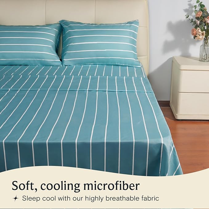 LuxClub 4 PC King Size Sheet Set, Breathable Luxury Bed Sheets, Deep Pockets 18" Wrinkle Free Cooling Machine Washable Hotel Bedding (Striped Light Blue)