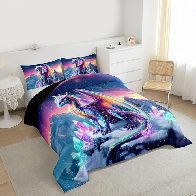 Feelyou Dragon Kids Comforter Set King Size Dragon Stuff Bedding Set Wild Life Duvet Quilt for Kids Boys Girls Bedroom Magic Wildlife Decor Purple Bluish Microfiber Ultra Soft Breathable