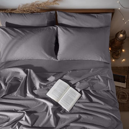LBRO2M 100% Pure Linen Sheet Set Deep Pocket Up to 16" Bed Sheets Sets, Natural Flax Beddings Soft, Breathable, Comfortable for All Seasons 6 Pcs Sheet Set King Size, Dark Grey