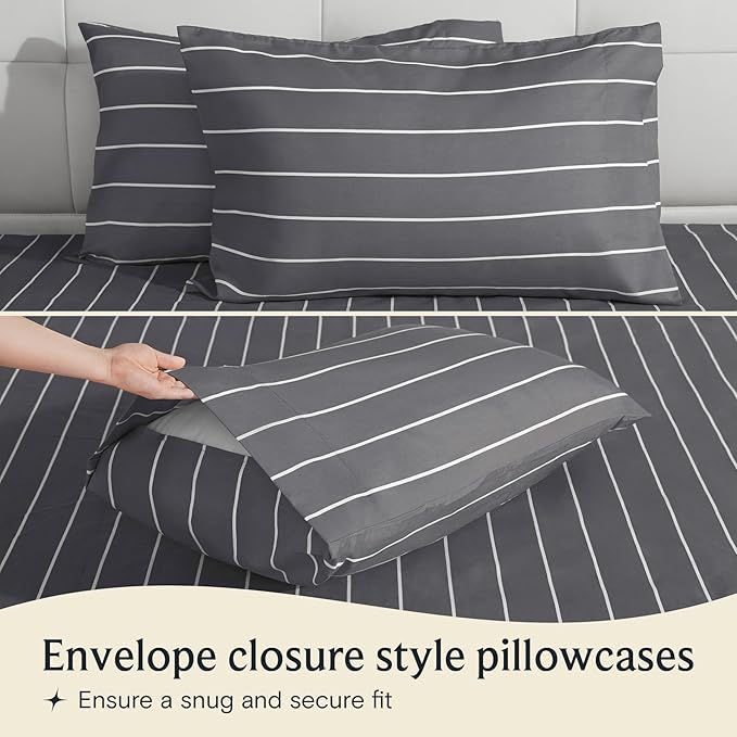 LuxClub 4 PC King Size Sheet Set, Breathable Luxury Bed Sheets, Deep Pockets 18" Wrinkle Free Cooling Machine Washable Hotel Bedding (Striped Light Grey)