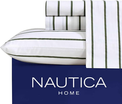 Nautica - Full Sheets, Premium Cotton Percale Bedding Set, Striped Home Decor, Oeko-Tex Certified (Brenton Stripe Ivory, Full)