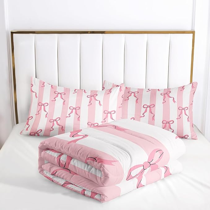 Pink Bowknot Girls Comforter Set Queen Size,Kawaii Cartoon Geometric Bedding for Kids,Girls Bedroom Room Decor,3Pcs Bow Pink Striped Princess Romantic Comforter Set 1 Quilt 2 Pillowshams