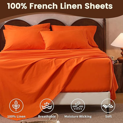 100% Linen Sheet Set King Size Extra Deep Pocket Fits 18-24 Inch Mattress, Breathable & Soft, Smooth 4-Piece Set for Thick Mattresses Hotel Luxury Bedding（King, Orange）