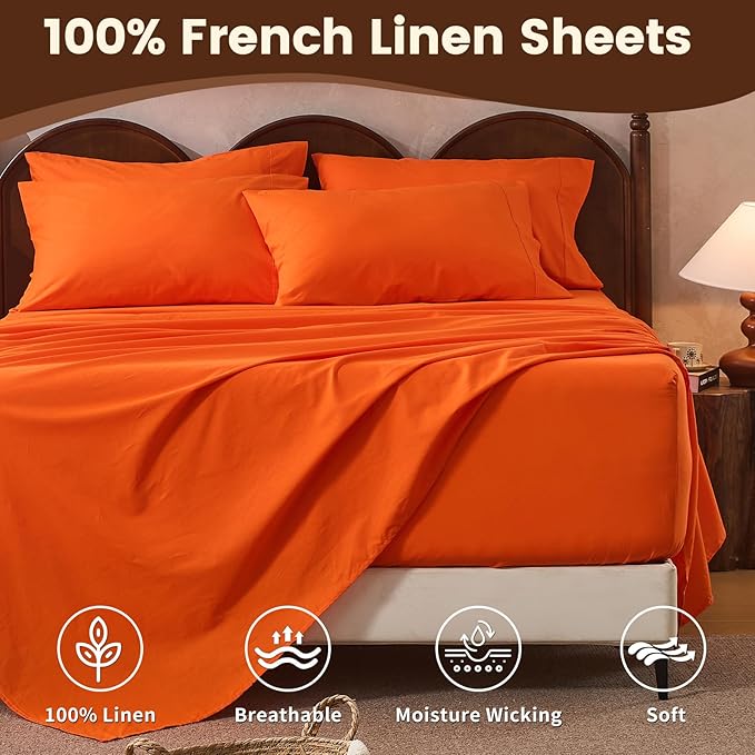 100% Linen Sheet Set Queen Size Extra Deep Pocket Fits 18-24 Inch Mattress, Breathable & Soft, Smooth 4-Piece Set for Thick Mattresses Hotel Luxury Bedding（Queen, Orange）