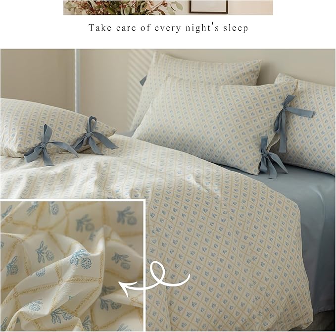 HighBuy Botanical Blue Flower Comforter Set Full Size Checkered Floral Comforter Set Full Girl Toddler French Country Style Coquette Bed Comforter Sets with 2 Bowknot Bow Tie Pillowcases,Luxury Comfy