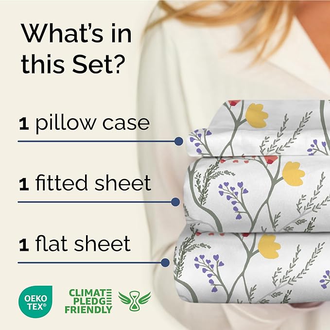 Floral Sheets - Boho Twin XL Bed Sheet Set - 1 Flat, 1 Fitted & 1 Pillowcase w/ Deep Pockets - Comfy, Wrinkle & Fade Free Boho Botanical Bedding - Ultra-Soft, Breathable & Cooling - Twin XL Size Set
