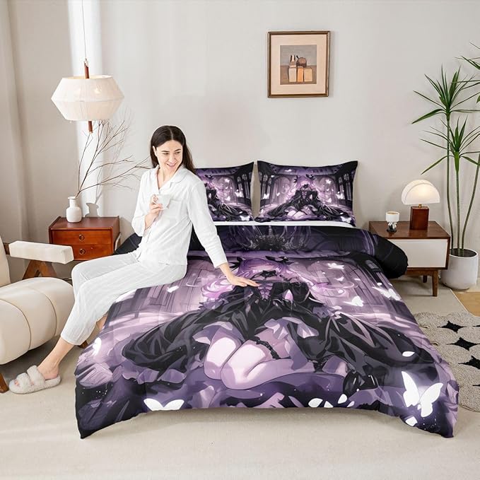 Erosebridal 3D Girly Kids Comforter Set | Japanese Girl Bedding Full Size Anime Gifts Down Comforter Purple Dreamy Butterfly Print Duvet Set for Bedroom