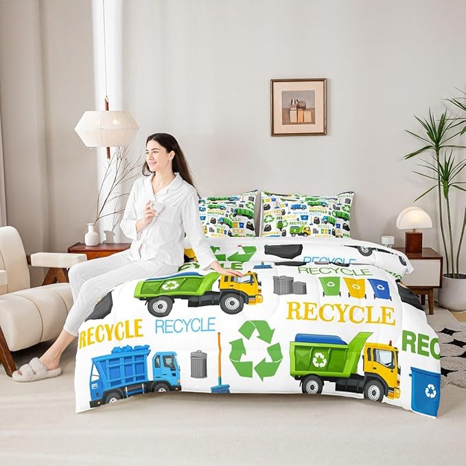 Castle Fairy Garbage Truck Full Size Comforter Set Cartoon Car Vehicle Trash Can Bedding Sets Recycling Trucks Decor All Season Comforter,Flat Sheet,Fitted Sheet,2 Pillowcases,2 Pillow Covers,7 Pcs