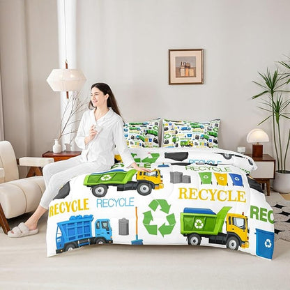 Castle Fairy Garbage Truck Twin Size Comforter Set with Sheets Recycling Trucks Decor Bedding Sets Cartoon Car Vehicle Trash Can Bedroom Dorm Decor Lightweight Bed Set All Season,7 Pcs