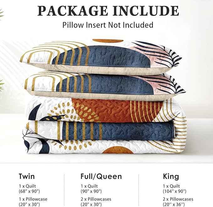 Quilt Set Twin Size, Gold Yellow Mid Century 2 Pcs Soft Bed Cover Bedding Set for Kids and Adults, Sun Boho Geometric Leaf Lightweight Bedspread Coverlet with Pillow Sham for All Season