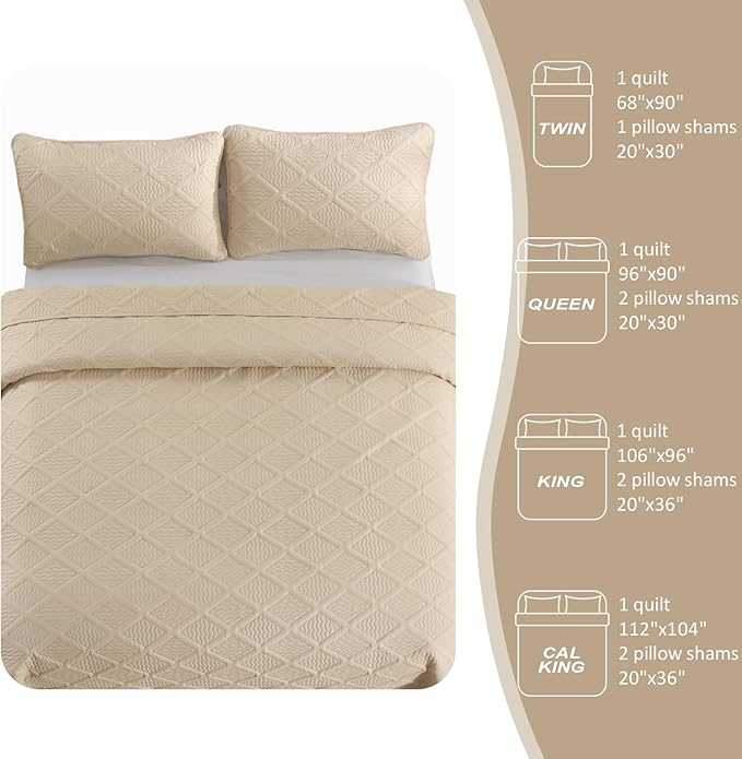 Yiran Camel Quilt Set King Size, 3 Piece Reversible Bedspreads Bedding Set, Fall Diamond Pattern Coverlet for All Season with 2 Pillow Shams (King, 106x96 Inch)