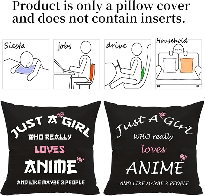 Anime Lover Gifts for Girls Two Sided Throw Pillow Cover - Just A Girl Who Really Loves Anime 18"x 18"(Black)