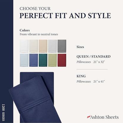 Ashton Sheets 100% Egyptian Cotton Pillow Cases King Size Set of 2 - Luxury 1200 Thread Count Sateen Navy Blue Pillow Cases, Soft & Breathable Extra Long Staple Pillowcases, Fits King Size Pillows