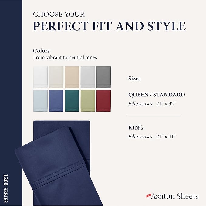 Ashton Sheets 100% Egyptian Cotton Queen Pillow Cases Set of 2 - Luxury 1200 Thread Count Pillow Cases Queen Size (Navy Blue), Soft, Cooling Hotel Collection Pillowcases, Fits Queen Standard Pillow