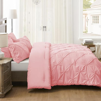 UNIKOME King Size Comforter Set Pink - Ultra Soft Boho Pintuck Down Alternative Bedding Set for All Seasons, 3 Pieces Lightweight Warm Pinch Pleat Bed Set with Comforter, 2 Pillowcases