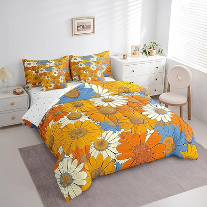 70s Groovy Flowers Comforter Set 7 Pieces,Hippie Retro Daisy Bed Set,Watercolor Farmhouse Style Bedding Bed in a Bag,King (1 Comforter,2 Pillowcase,2 Pillow Covers,1 Flat Sheet,1 Fitted Sheet)