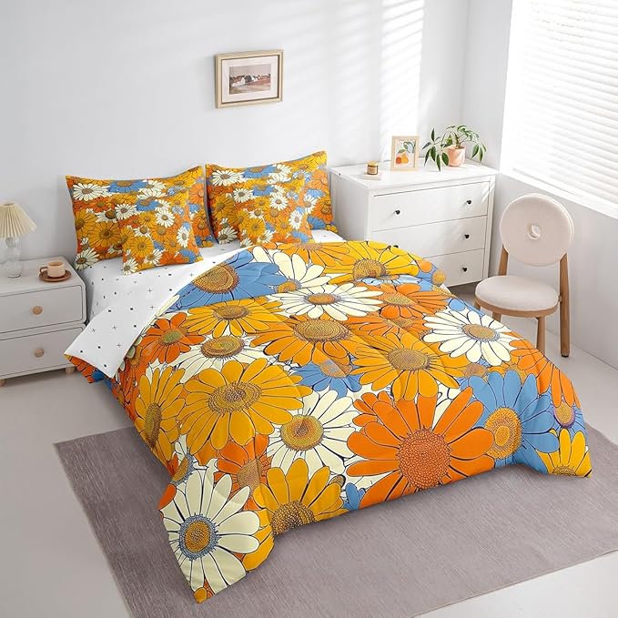70s Groovy Flowers Comforter Set 7 Pieces,Hippie Retro Daisy Bed Set,Watercolor Farmhouse Style Bedding Bed in a Bag,Twin (1 Comforter,2 Pillowcase,2 Pillow Covers,1 Flat Sheet,1 Fitted Sheet)