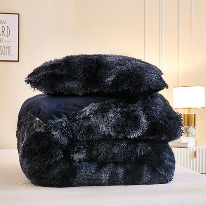 Andency Faux Fur Tie-Dyed Black Blue Comforter King Size, 3 Pieces Fluffy Fuzzy Plush Bedding Comforter Set (1 Shaggy Velvet Comforter & 2 Pillowcases), Soft Puffy Comfy Down Comforter Bedding Set