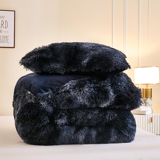 Andency Faux Fur Tie-Dyed Black Blue Comforter Set Full Size, 3 Pieces Fluffy Fuzzy Plush Bedding Comforter Set (1 Shaggy Velvet Comforter & 2 Pillowcases), Soft Puffy Down Comforter Bedding Set