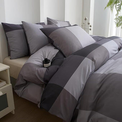 mixinni Full Size Comforter Sets Men Boys Geometric Checkered Plaid Printed Bedding Comforter for All Season Soft Lightweight Bedding Set-(Full Size, Grey,Black)
